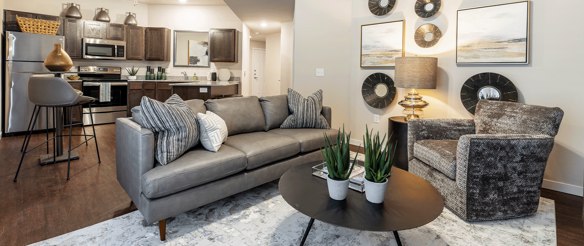 a living room with a couch and a table